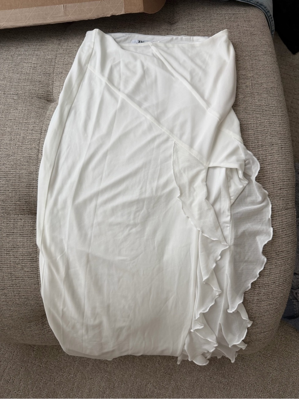 Tiger Mist White Asymmetrical Ruffle Midi Skirt
